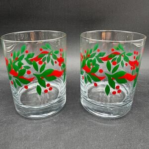 Vintage Christmas Old Fashioned DOF Rocks Glasses Holly & Berry Set/2